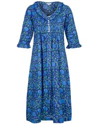At Last - Cotton Karen 3/4 Sleeve Day Dress In Royal With & Green Flower - Lyst