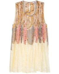 Niza - Long Printed Dress With V-Neck Ruffles And Belt - Lyst