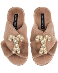 Laines London - Neutrals Classic Laines Christmas Collection Slippers With Double & Candy Cane Brooches - Lyst