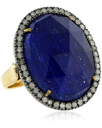 Artisan - Oval Cut Lapis Gemstone & Pave Diamond In 18k Gold With 925 Silver Cocktail Ring - Lyst