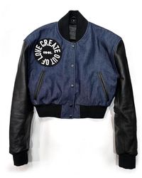 COOL Creative - Raw Denim Bomber Jacket With Leather Sleeves - Lyst