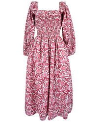 Echo of Pink - Portia Smoked Hand Block Print Cotton Floral Midi Dress - Lyst