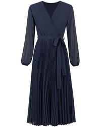 Yumi' - Pleated Wrap Midi Dress With Sheer Long Sleeves - Lyst