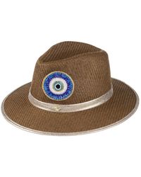 Laines London - Straw Woven Hat With Embellished Couture Blue Evil Eye Brooch - Lyst
