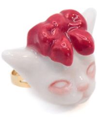 H2 Studio - Angry Puss Porcelain Ruby Bow Tie Cat Plated Brass Ring - Lyst