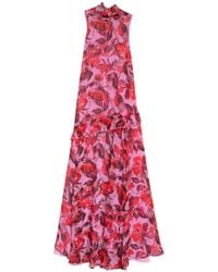 Niza - Long Printed Dress With Ruffles And A Tie Neckline - Lyst