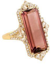 Artisan - Baguette Pink Tourmaline Natural Diamond 18k Yellow Gold Cocktail Ring - Lyst