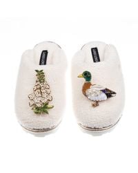 Laines London - Neutrals Teddy Closed Toe Slippers With Duck & Foxglove Brooches - Lyst