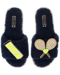 Laines London - Teddy Towelling Slipper Sliders With Tennis Lover Brooches - Lyst