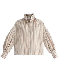 Paisie - Neutrals Striped Puff Sleeve Shirt With Ruffled Collar - Lyst
