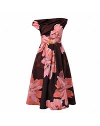 Girl In Mind - Betty Asymmetric Neckline Large Floral Skater Midi Dress Plum - Lyst