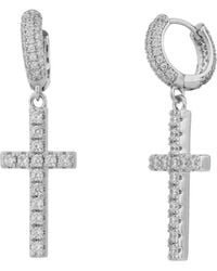 Spero London - Full Pave Cross Sterling Drop Hoop Earring - Lyst