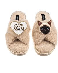 Laines London - Neutrals Boucle Slippers With Cat Mum/Mom & Siamese Cat Brooches - Lyst