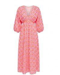 Tantra Spain Sl - Printed Dress With Elastic Waistband, V-Neck And V-Back Fucsia - Lyst