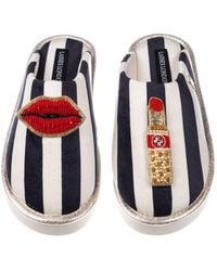 Laines London - Flatform Stripe Closed Toe Slippers With Lips & Lipstick Brooches - Lyst