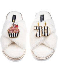 Laines London - Neutrals Laines Neutral Boucle Slippers With Stripe 70Th Birthday & Cake Brooches - Lyst