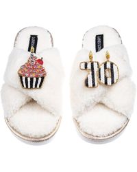 Laines London - Neutrals Laines Neutral Boucle Slippers With Stripe 70Th Birthday & Cake Brooches - Lyst