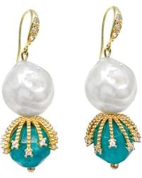 Farra - Freshwater Pearls With Jade Dangle Hook Earrings - Lyst