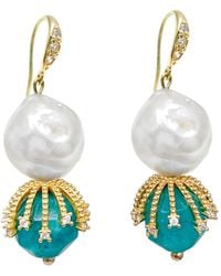 Farra - Freshwater Pearls With Jade Dangle Hook Earrings - Lyst