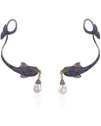 Artisan - Sapphire Pearl Diamond Fish Style Cuff Earrings Silver 18k Gold Jewelry - Lyst