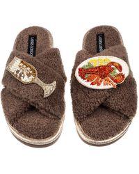 Laines London - Neutrals Laines Neutral Boucle Slippers With Lobster Platter & Champers Glass Brooches - Lyst