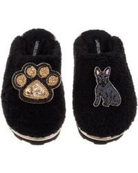 Laines London - Teddy Closed Toe Slippers With Paw & Sitting French Bulldog Brooches - Lyst