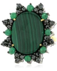 Artisan 18k Gold Silver Malachite Gemstone Black Diamond Cocktail Ring Emerald Gemstone Jewellery - Green