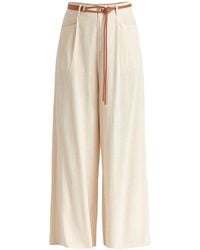 Paisie - Neutrals Linen Blend Wide Leg Trousers With Belt - Lyst