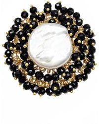 Farra - Romantic Style Freshwater Pearl With Obsidian Cocktail Ring - Lyst