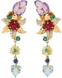 Artisan - Carving Multi Gemstone 18k Gold Natural Diamond Beautiful Flower Dangle Earrings - Lyst
