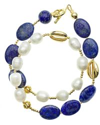 Farra - Natural Lapis With Freshwater Pearls Double Wrapped Bracelet - Lyst