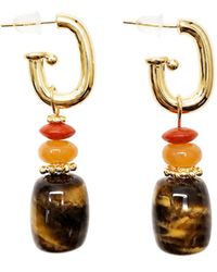 Farra - Tiger-Eye Stone With Aventurine Coral Hoop Earrings - Lyst