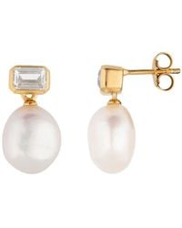 Lulu B London - Pearl Drop Stud Earrings With Baguette Cubic Zirconia - Lyst