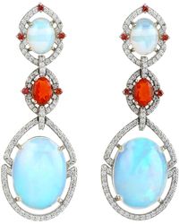 Artisan - Ethiopian Opal & Fire Opal With Sapphire Pave Diamond In 18k White Gold Vintage Dangle Earrings - Lyst