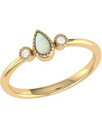 LMJ Pear Shaped Opal & Diamond Birthstone Ring In 14k Yellow Gold - Grey
