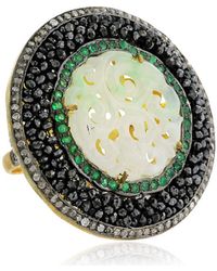 Artisan - Carved Jade & Emerald In 18k Gold With Silver Pave Diamond Dome Cocktail Ring - Lyst