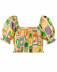 Yumi' - Multicolour Cropped Shirred Cotton Postcard Print Top - Lyst
