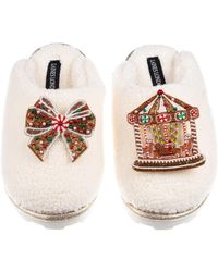 Laines London - Neutrals Teddy Closed Toe Slippers With Christmas Gingerbread Bow & Carousel Brooches - Lyst