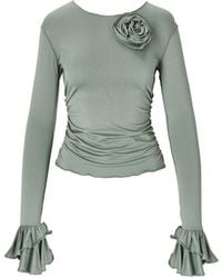 Mandragora - Viscose Longsleeve With Ruffles And A Decorative Rose – Rosalie Khaki - Lyst