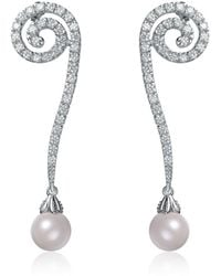 Genevive Jewelry - Cubic Zirconia Sterling Plated Long Drop Ten Mm Pearl Earrings - Lyst