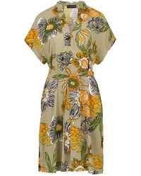 Conquista - Linen Style Bold Floral Print Dress With Mandarin Collar - Lyst