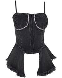 Lalipop Design - Hand Stitched Crystal Embellished Denim Corset Top With Ruffles - Lyst