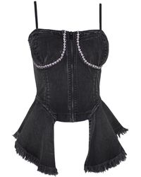 Lalipop Design - Hand Stitched Crystal Embellished Denim Corset Top With Ruffles - Lyst