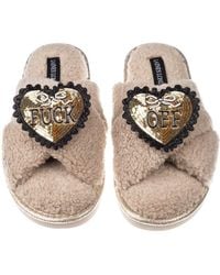 Laines London - Neutrals Neutral Boucle Slippers With & Fuck Off Brooches - Lyst
