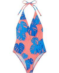 lords of harlech - Xena Monstera Floral Coral Halter One-Piece Swimsuit - Lyst