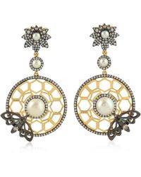 Artisan - Bezel Set Pearl & Pave Natural Diamond In 18k Gold Honeycomb Honey Bee Dangle Earrings - Lyst