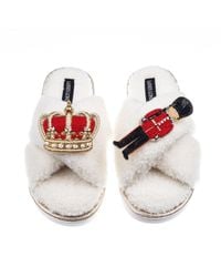 Laines London - Neutrals Laines Neutral Boucle Slippers With Royal Crown & Grenadier Guard Brooches - Lyst