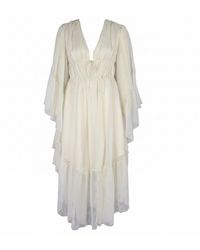 Modenaire - Neutrals Vacation Style Ruffle Sleeve Maxi Dress With Plunging Neck And Tie Waist - Lyst