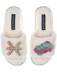 Laines London - Teddy Towelling Slipper Sliders With Pisces Zodiac Brooches - Lyst