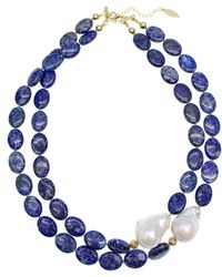 Farra - Lapis With Baroque Pearl Double Strands Necklace - Lyst